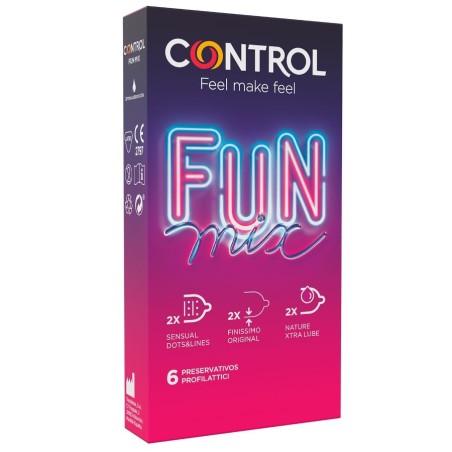 El pack Control Feel Fun Mix incluye 6 preservativos con diferentes sensaciones: estriados, con puntos, ultrafinos y extra lubri