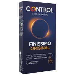 Preservativos Control Finissimo Original: ultra finos, ergonómicos y lubricados. Pack de 6 unidades con 54 mm de ancho nominal. 