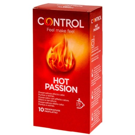 Preservativos Control Hot Passion: efecto calor, textura con puntos y estrías, extra lubricados. Caja de 10 unidades, 53 mm de a