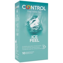 Preservativos Control Ice Feel con efecto frio, aroma y color menta. Pack de 10 unidades, 53 mm de ancho nominal, extra lubricad